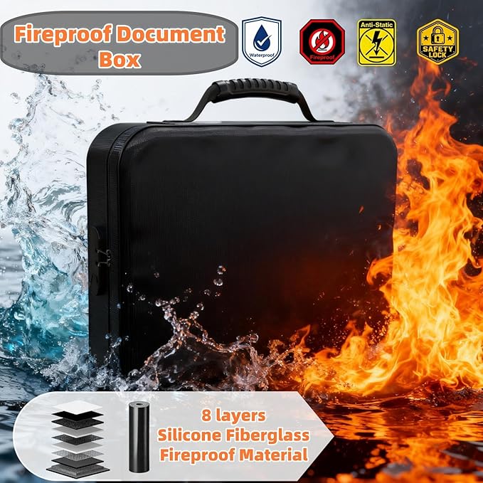 Fireproof Document Box with Lock & Waterproof Zipper, 5200°F Safe - Image 3