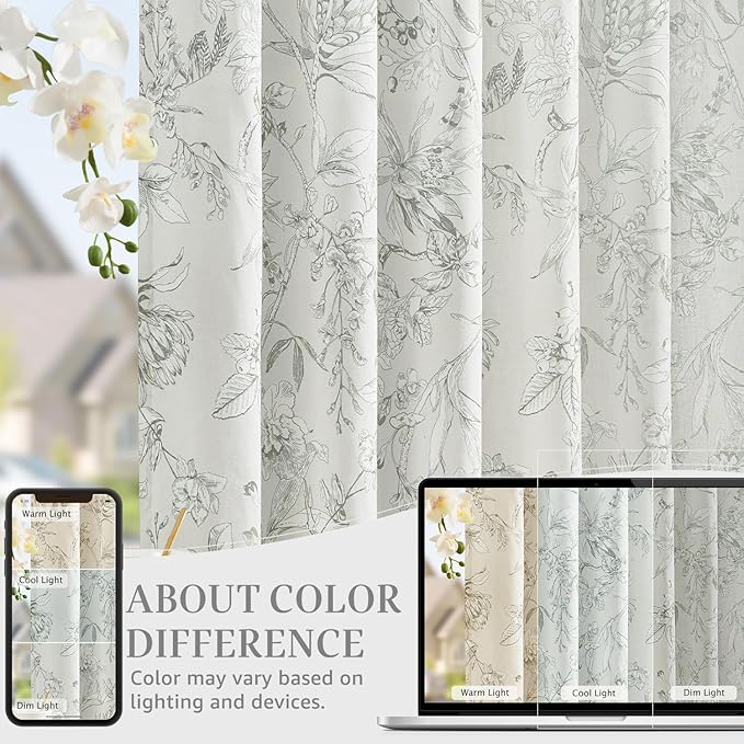 jinchan Floral Curtains 63 Inch Length Charcoal Grey Flower Linen Farmhouse - Image 4