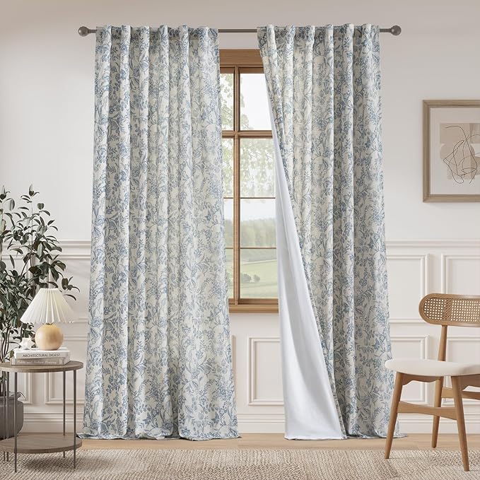 Vangao Lined Linen Curtains for Bedroom Floral Curtains 96 Inches Long Blue - Image 2