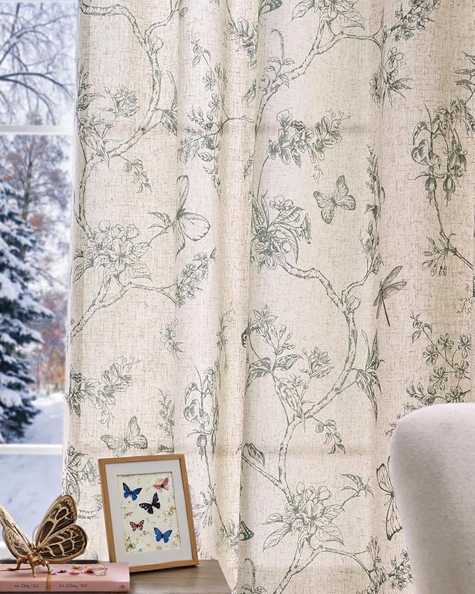jinchan Floral Linen Curtains for Living Room 84 Inch Length Butterfly Curtain - Image 2