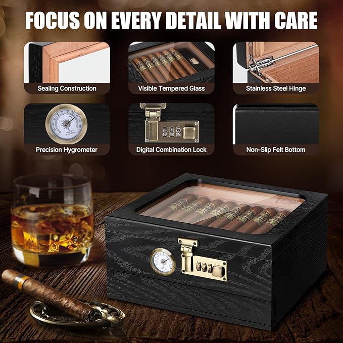 Cigar Humidor, Cedar Wood Humidor Cigar Box, Glass Top Desktop Humidor - Image 6