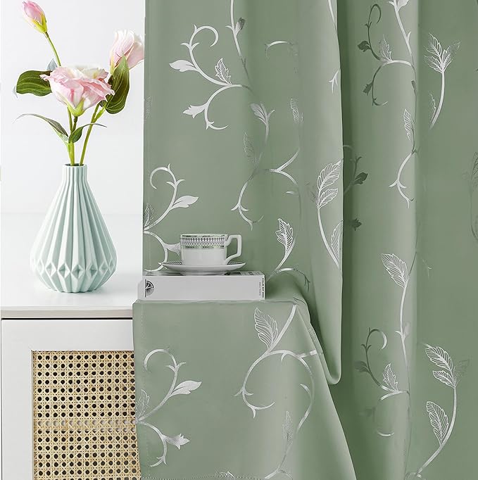 BUHUA Blackout Curtains Silver Foil Print Flower Vine Grommet Drapes, Room - Image 4