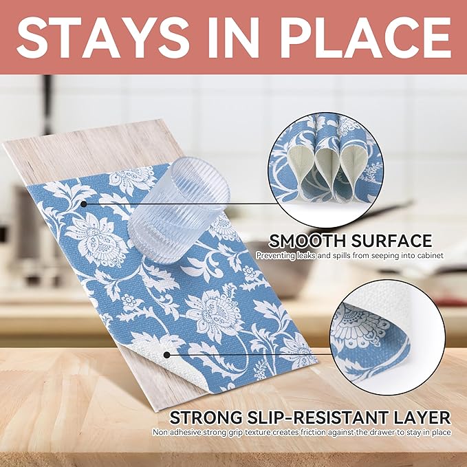 RAY STAR Shelf Liner, Non Adhesive Blue Floral Kitchen Cabinet Liner - Image 3