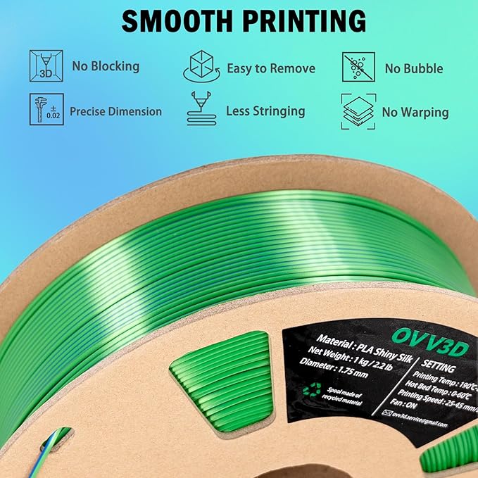 OVV3D PLA Filament 1.75mm, Silk PLA Dual Color Blue Green 3D Printer Filament - Image 6