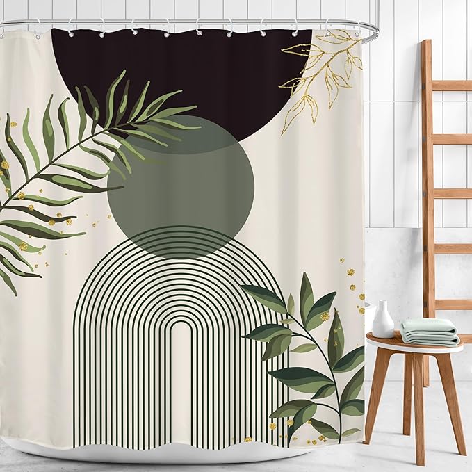 Dark Green Boho Shower Curtain 60Wx72H Black Green Modern Bohemian Mid Century - Image 2