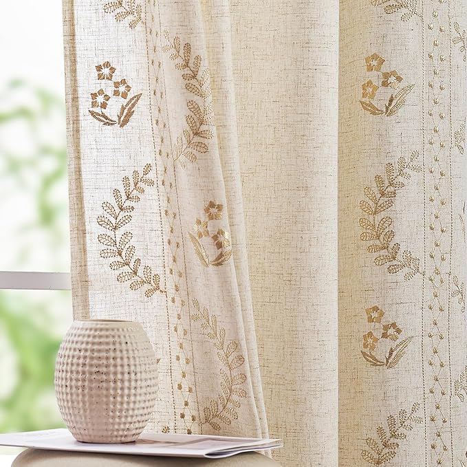 jinchan Belrose 4 Panel Curtains Set 90 Inch Length Floral Curtains Linen Blend - Image 3