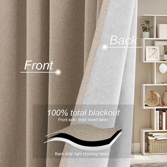 RYB HOME 100% Blackout Flax Linen Curtains 90 Inch Long, Light Block and - Image 4