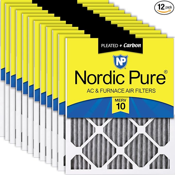 Nordic Pure 12x12x1 Pleated MERV 10 Plus Carbon Air Filters 12 Pack | Actual by NordicPure