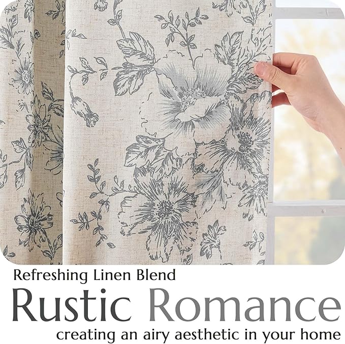 jinchan Blackout Linen Blend Curtain Gray Floral Blackout Curtains - Image 4
