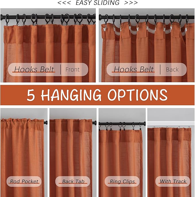Burnt Orange Linen Back Tab Curtains 64 Inches Long 2 Panels Set - Image 2