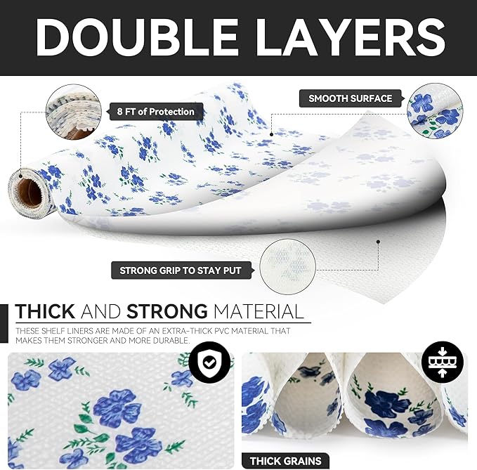 RAY STAR Shelf Liner, Non Adhesive Blue Floral Kitchen Cabinet Liner - Image 7