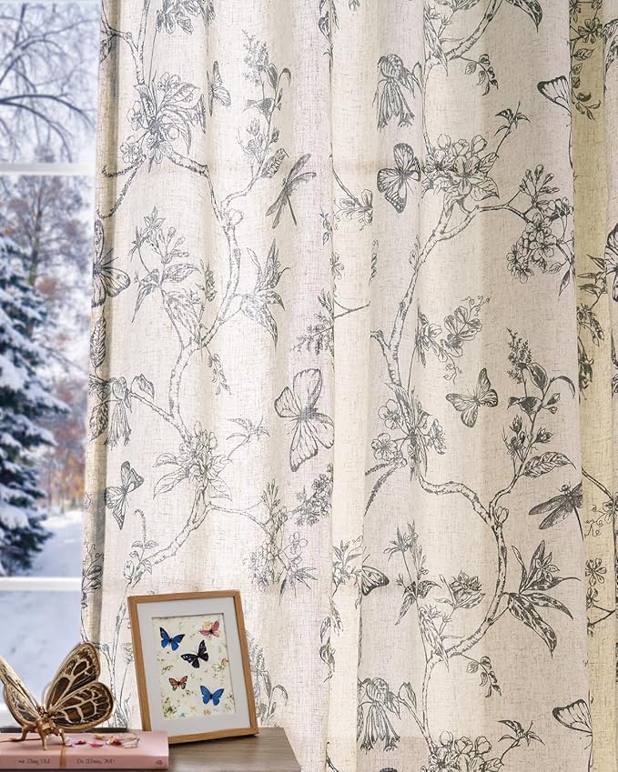 jinchan Floral Linen Curtains for Living Room 96 Inch Length Butterfly Curtain - Image 2