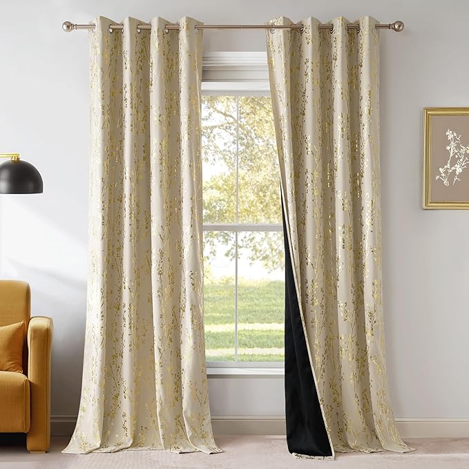 NICETOWN Gold Silver Printed 100% Blackout Floral Curtains - Image 7