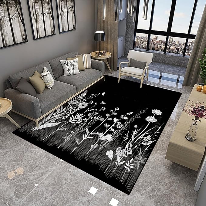 Shag Carpet Black and White Field Flower Pattern Drawing Foldable Area Rugs - Image 4