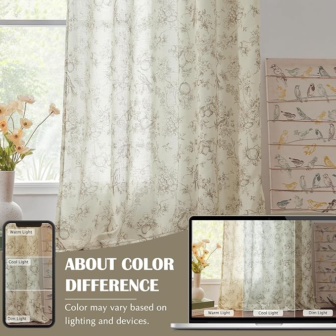 jinchan Linen Floral Curtains for Living Room 96 Inch Length Taupe Printed - Image 5