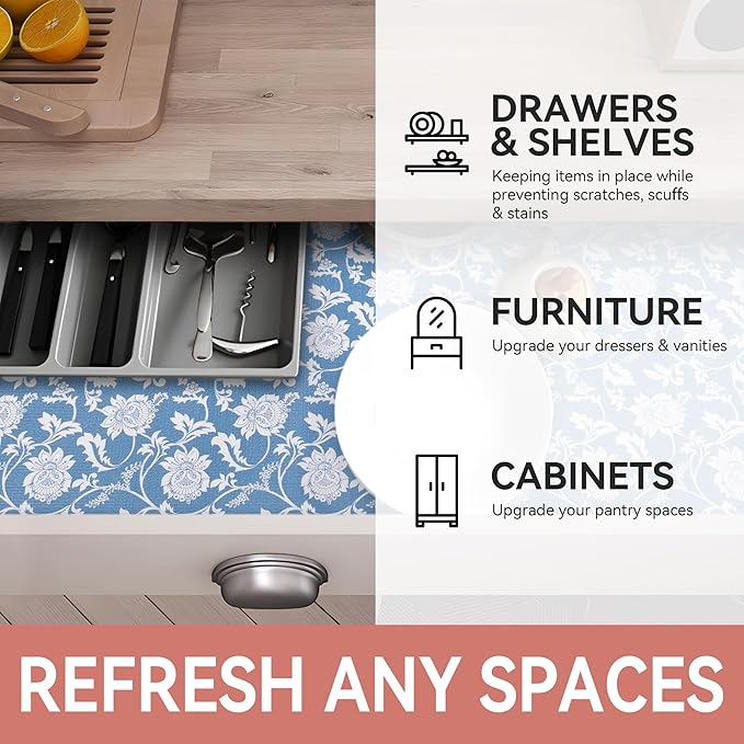 RAY STAR Shelf Liner, Non Adhesive Blue Floral Kitchen Cabinet Liner - Image 6