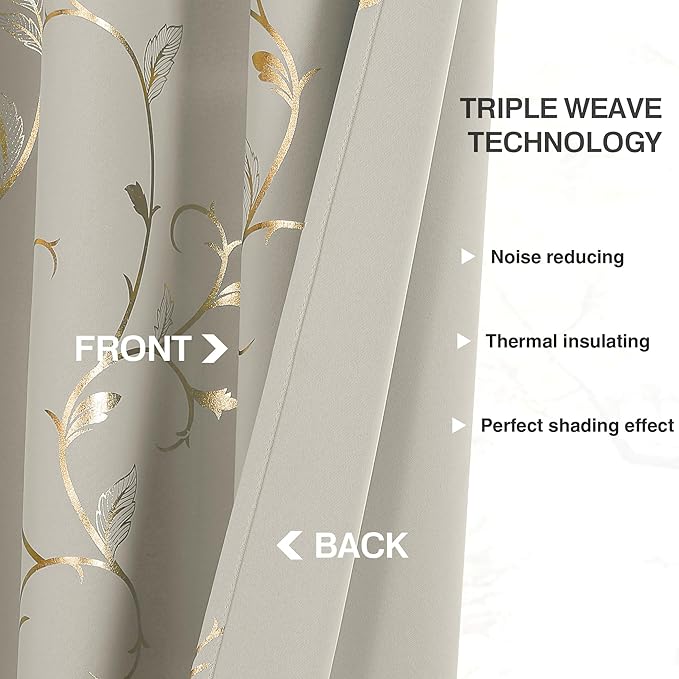 BUHUA Blackout Curtains Gold Foil Print Flower Vine Grommet Drapes, Room - Image 5