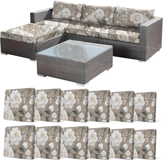 12Pcs Stretch Patio Cushion Cover, Vintage Floral Printed Couch & Sofa by CALBODE