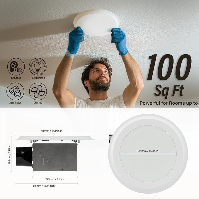 100CFM Round Bathroom Ventilation Fan: Quiet 1.2 Sones Ceiling Mount Exhaust - Image 2