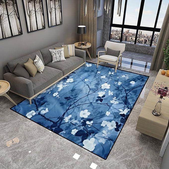 Blue Watercolor Floral Pile Carpet - Image 4