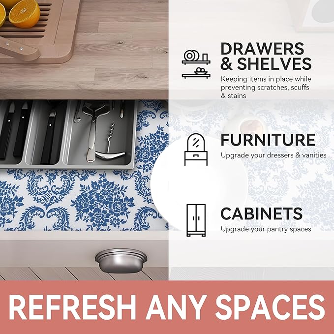 RAY STAR Shelf Liner, Non Adhesive Vintage Navy Blue Floral Kitchen Cabinet - Image 6