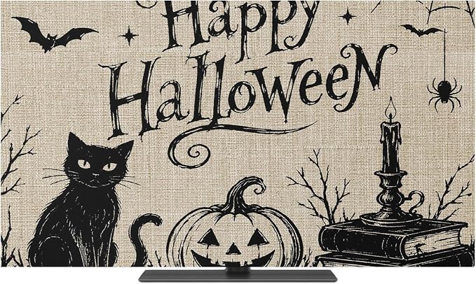 Happy Halloween Black Cat Smile Pumpkins Indoor TV Cover, Elastic TV Screen - Image 2