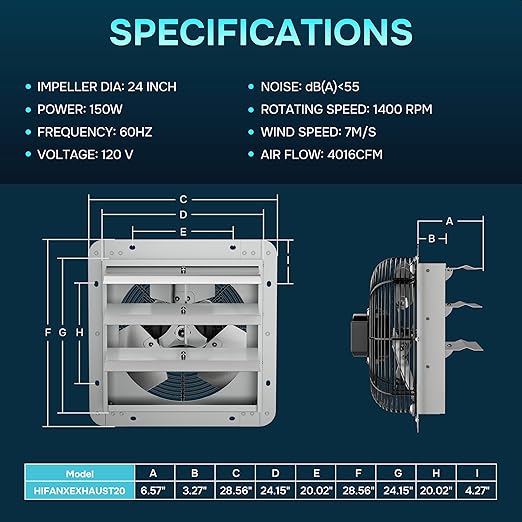 Simple Deluxe 24 Inch Wall Mounted Shutter Exhaust Fan, 1400 RPM, 4016 CFM - Image 3