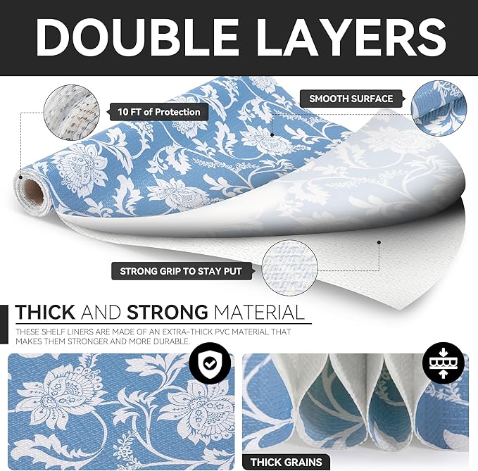 RAY STAR Shelf Liner, Non Adhesive Blue Floral Kitchen Cabinet Liner - Image 7