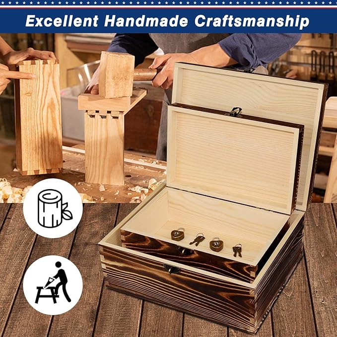Wooden Box with Lock and Keys Hinged Lid Treasure Chest Memory Hobby - Image 3