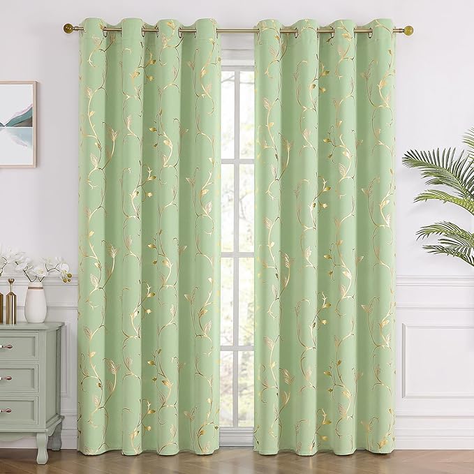 BUHUA Blackout Curtains Gold Foil Print Flower Vine Grommet Drapes, Room - Image 2