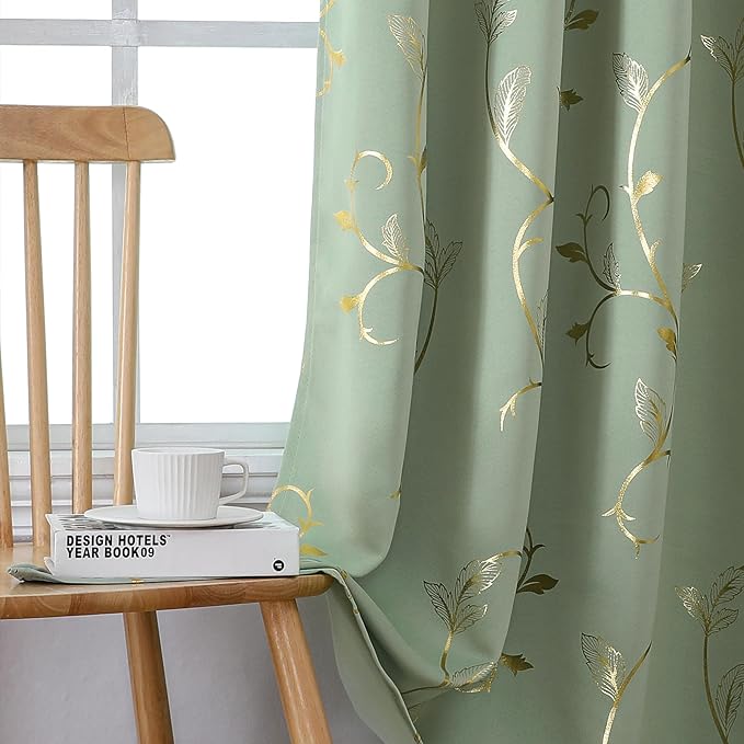 BUHUA Blackout Curtains Gold Foil Print Flower Vine Grommet Drapes, Room - Image 7