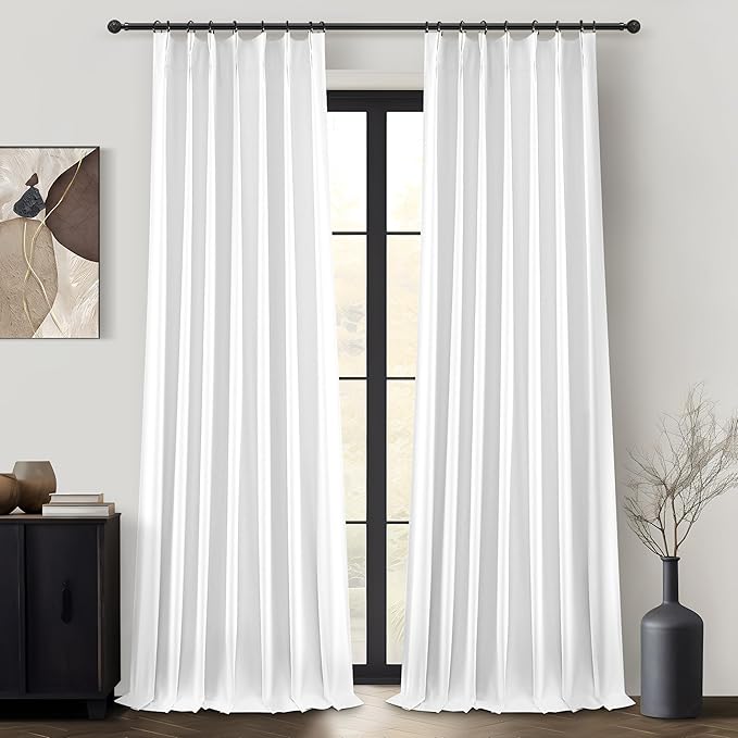 Pinch Pleated Bright White Blackout 95 Inch Curtains 2 Panels Set by QJMYDECO