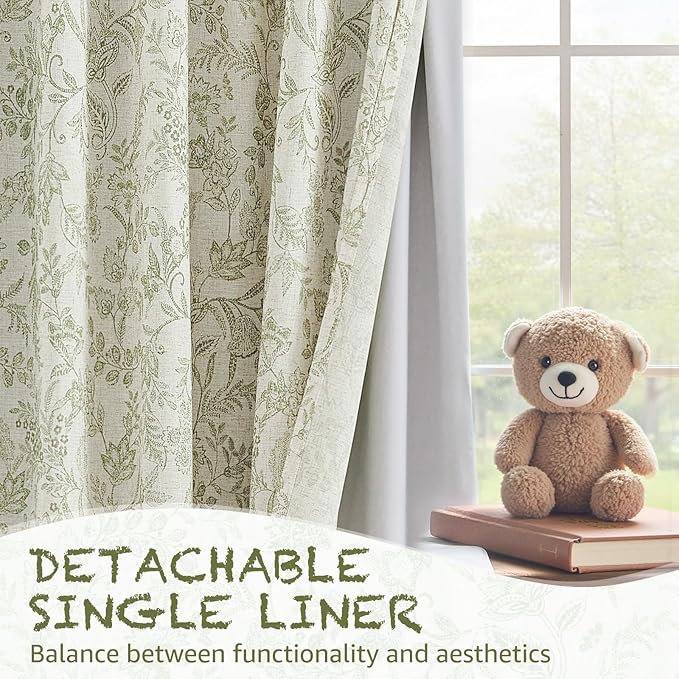 Vangao Linen Curtains with Detachable Blackout Liners Floral Curtains - Image 3
