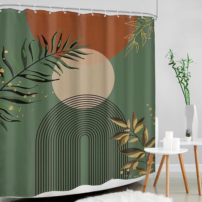 Boho Dark Green Shower Curtain 60Wx72H Abstract Bohemian Mid Century Minimalist - Image 3
