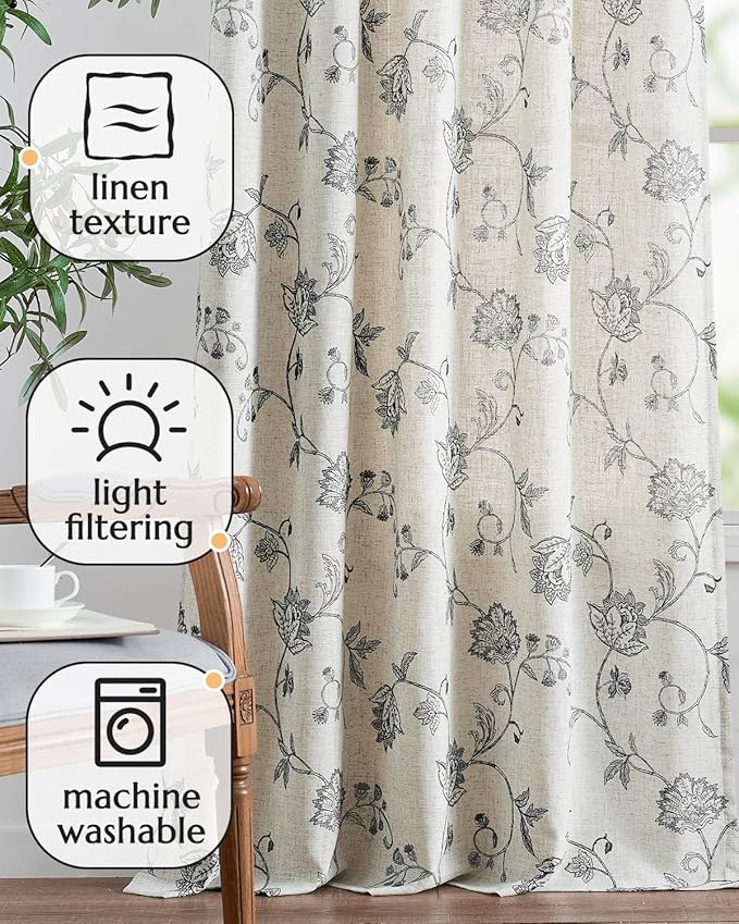 jinchan Linen Curtains Floral Curtain 84 Inch Length - Image 4