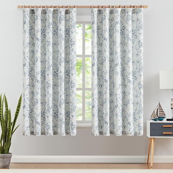 jinchan Floral Curtains 63 Inch Length Blue Flower Linen Farmhouse Curtain - Image 2