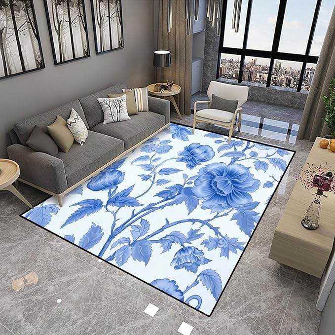 Vintage Blue Peony Design Printed Rug - Image 4