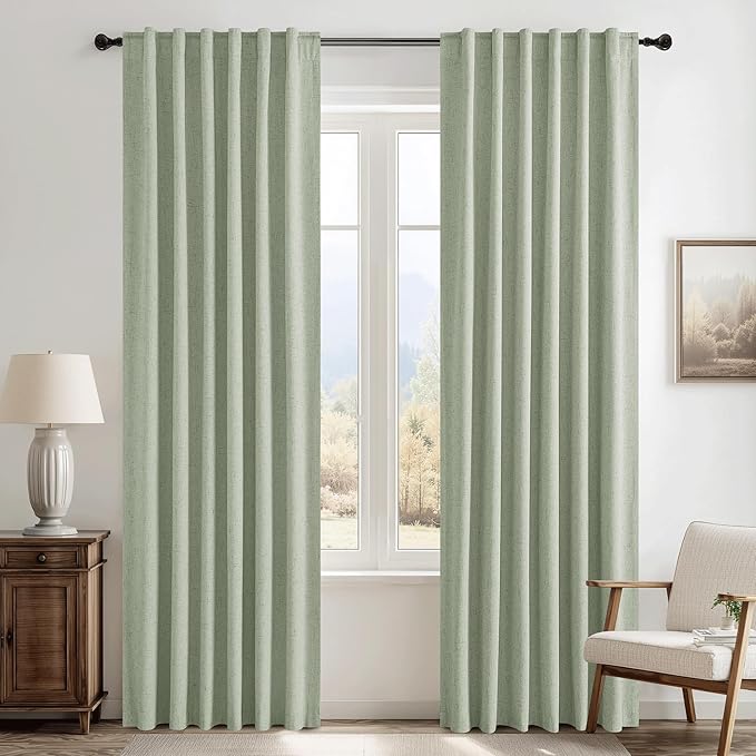 RYB HOME 100% Blackout Sage Green Linen Curtains, Extra Long Light & Heat by RYBHOME