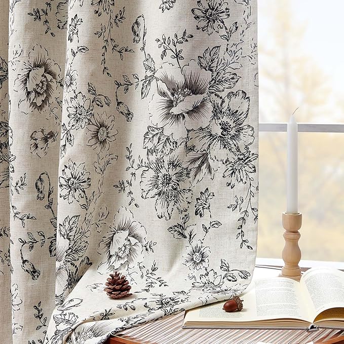 jinchan Blackout Linen Blend Curtain Floral Blackout Curtains - Image 3