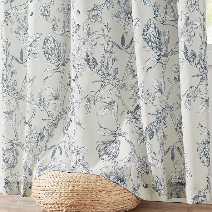 jinchan Floral Curtains 108 Inch Length Blue Flower Linen Farmhouse Curtain - Image 7