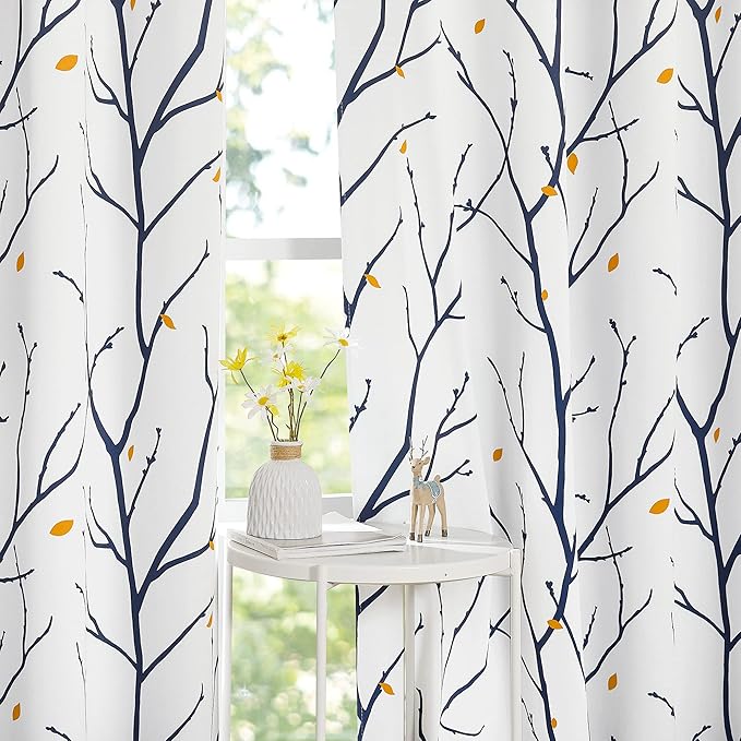 NICETOWN Navy Blue Branch White Curtains - Image 7