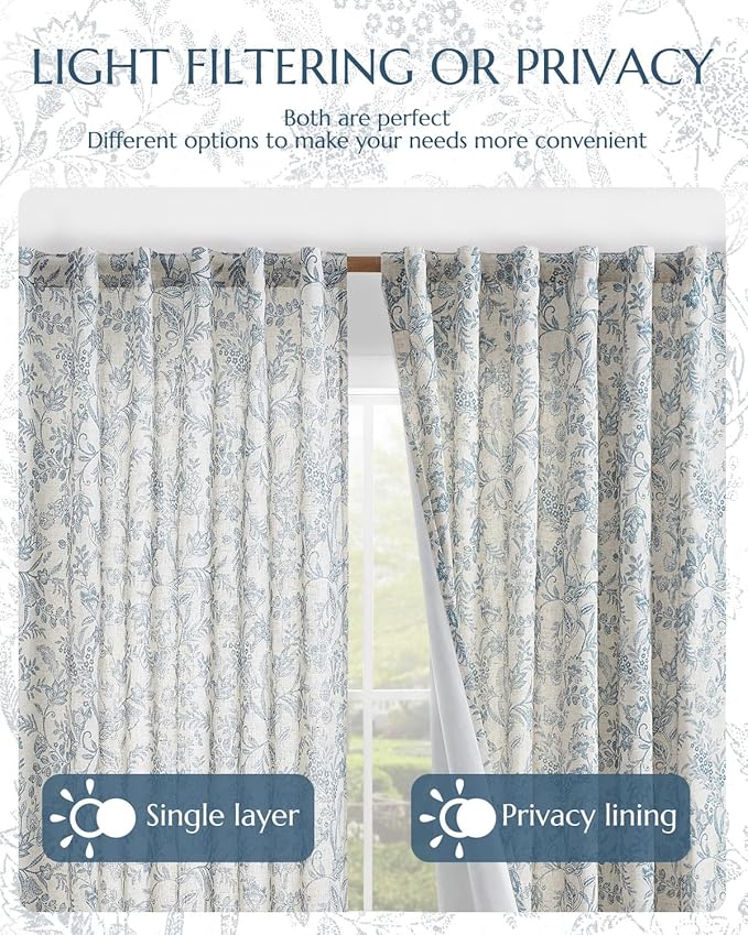 Vangao Lined Linen Curtains for Bedroom Floral Curtains 96 Inches Long Blue - Image 7