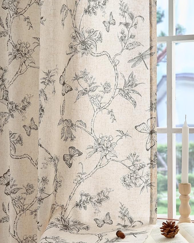 jinchan Floral Linen Curtains for Living Room 84 Inch Length Butterfly Curtain - Image 9