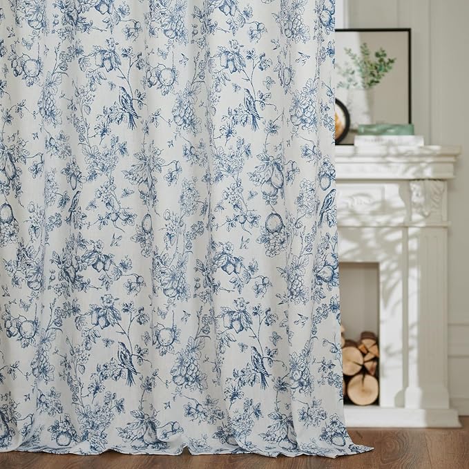 jinchan Linen Floral Curtains for Living Room 96 Inch Length Blue Printed - Image 6