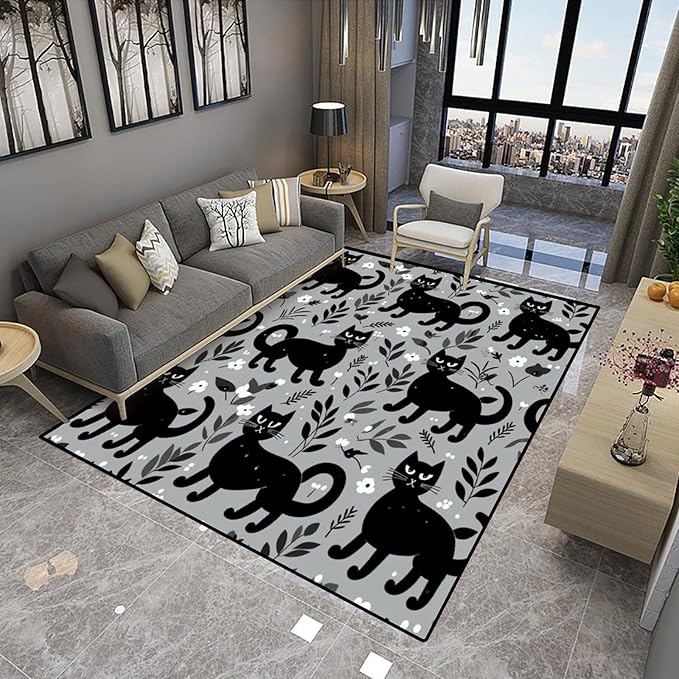 Area Rug Black Cats and Flowers, Pattern Printing, Non-Slip Area Rugs, Fade - Image 4