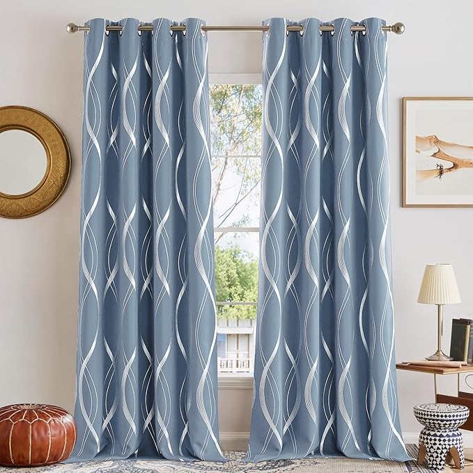 NICETOWN Vintage Blue Foil Print 90 inch Long Curtains by NICETOWN