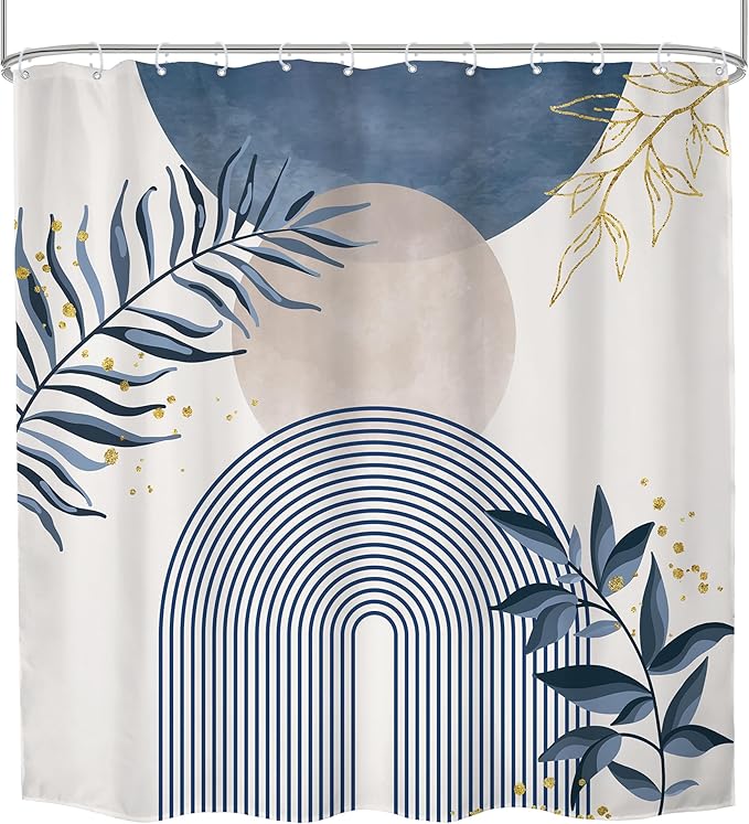Blue Boho Shower Curtain 72Wx72H Modern Bohemian Abstract Leaves Plant - Image 7