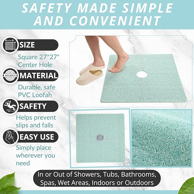 Enkosi Loofah Shower Mat with Drain Hole – Cushioned Anti-Slip Square Bath Mat - Image 3