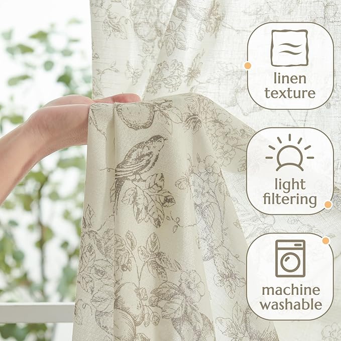 jinchan Linen Floral Curtains for Living Room 63 Inch Length Taupe Printed - Image 3