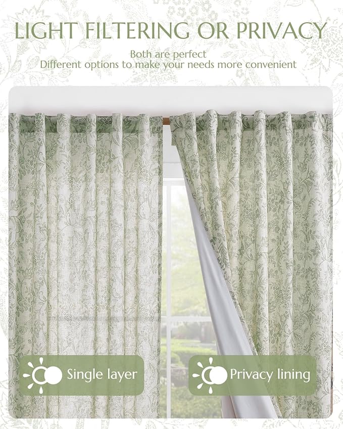 Vangao Lined Linen Curtains for Bedroom Floral Curtains 84 Inches Long Green - Image 7